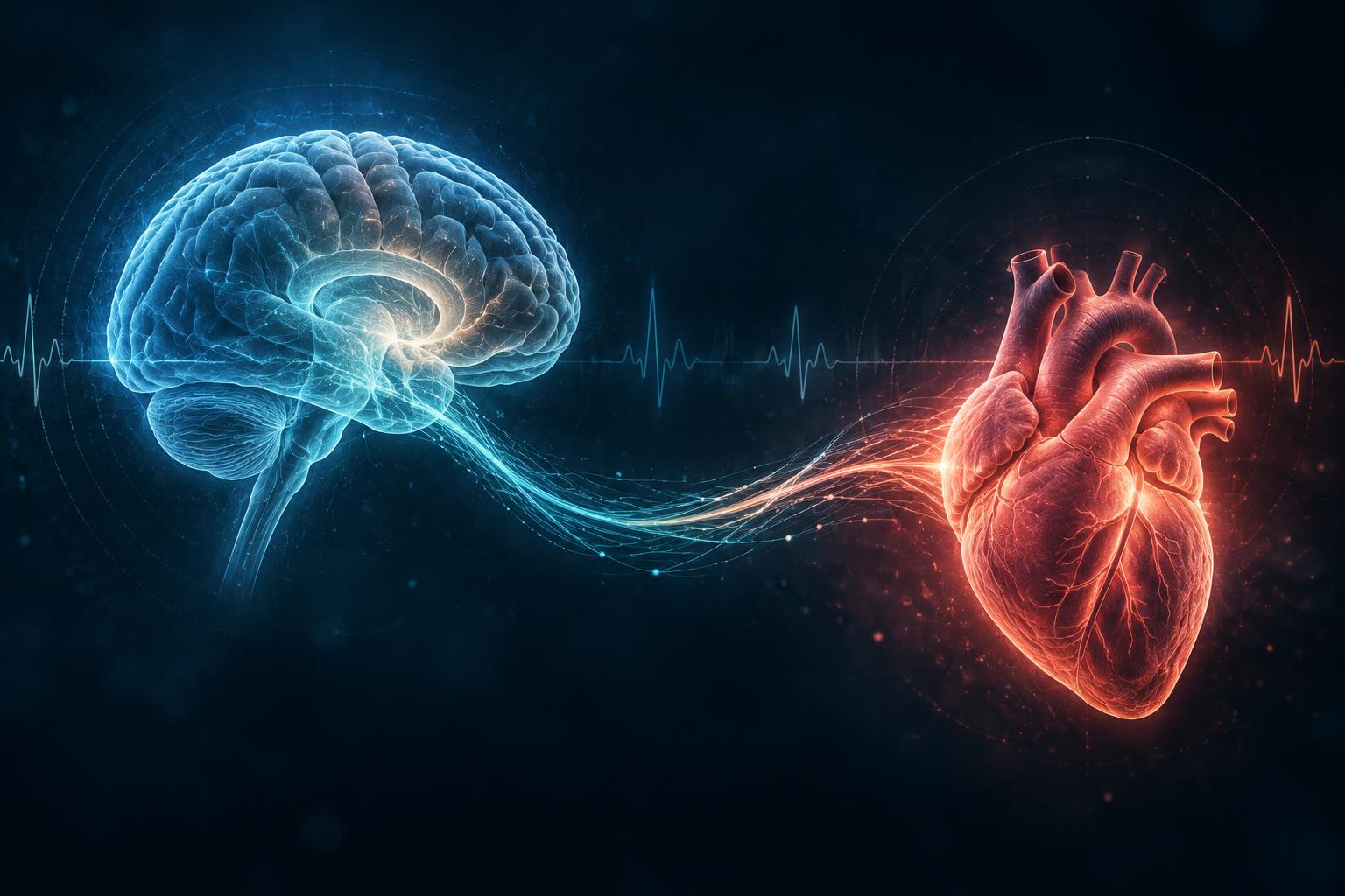 Conexión luminosa entre cerebro, sistema nervioso y corazón